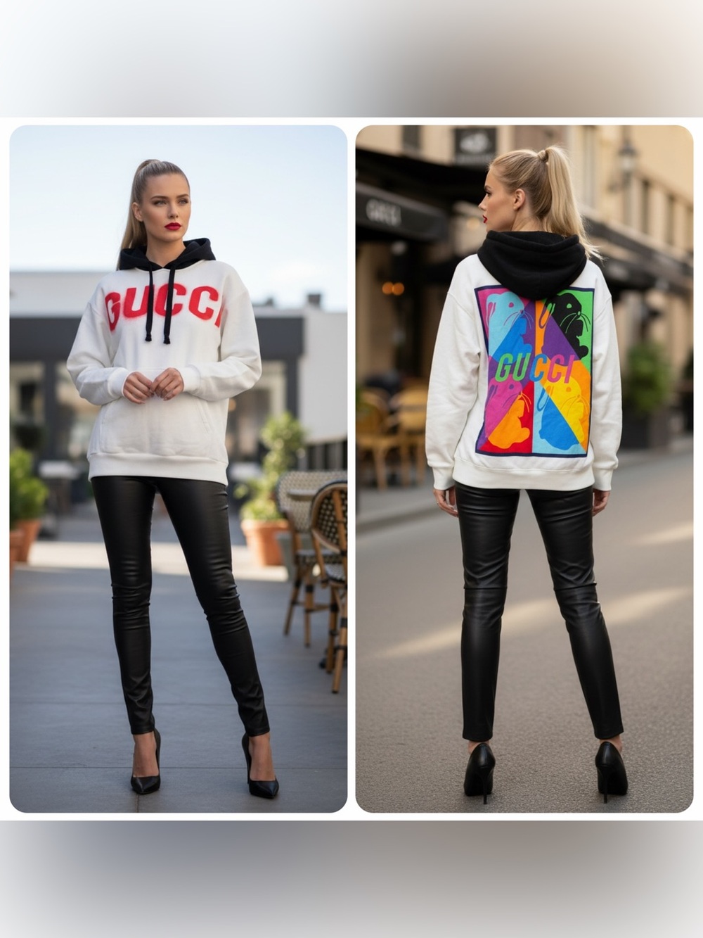 Gucci White Hoodie with Black Hood and Multicolor Back Panel